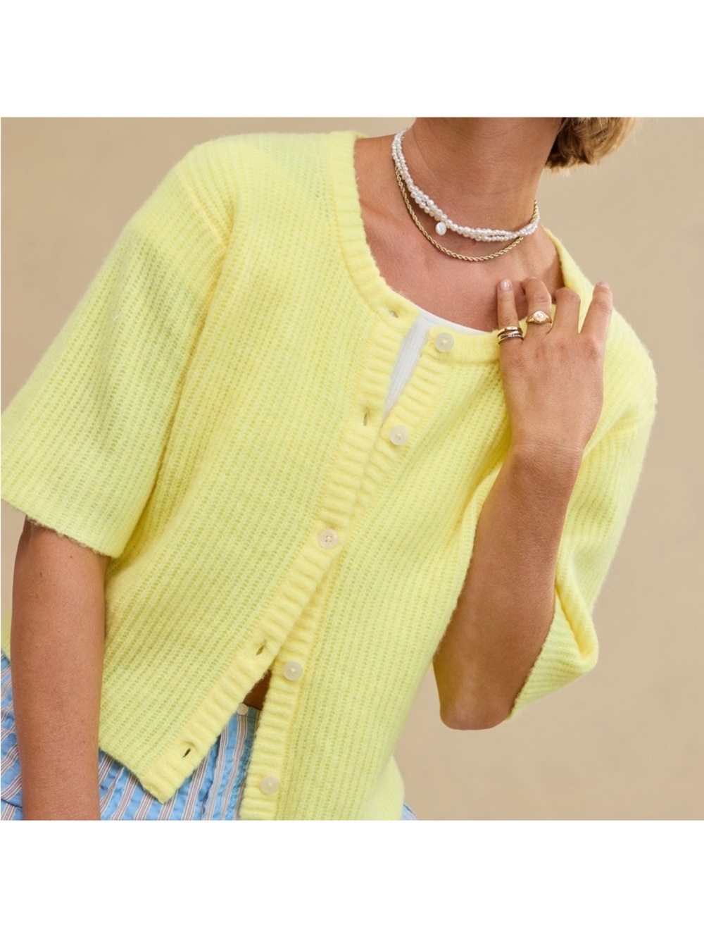 Aerie Yellow Short Sleeve Button Cardigan - Picture 3 of 8